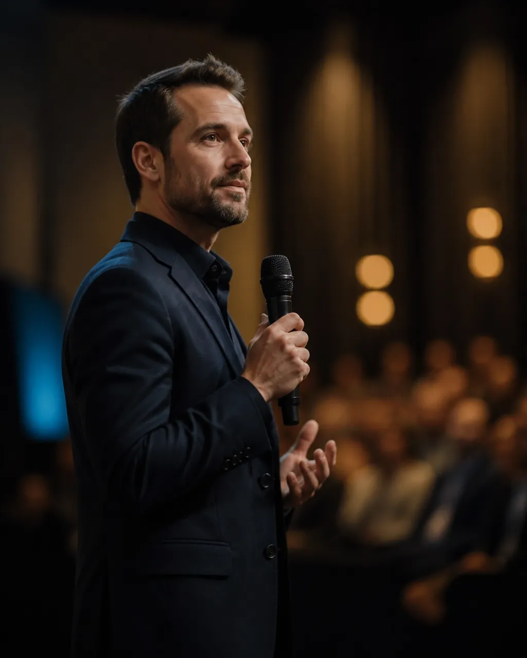 A speaker addressing an audience from a stage